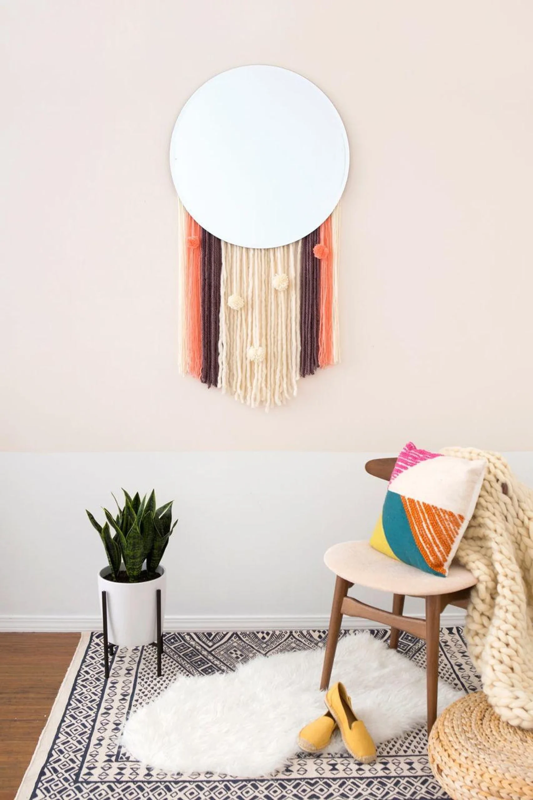 Wall hanging mirror with a chair and floor plant